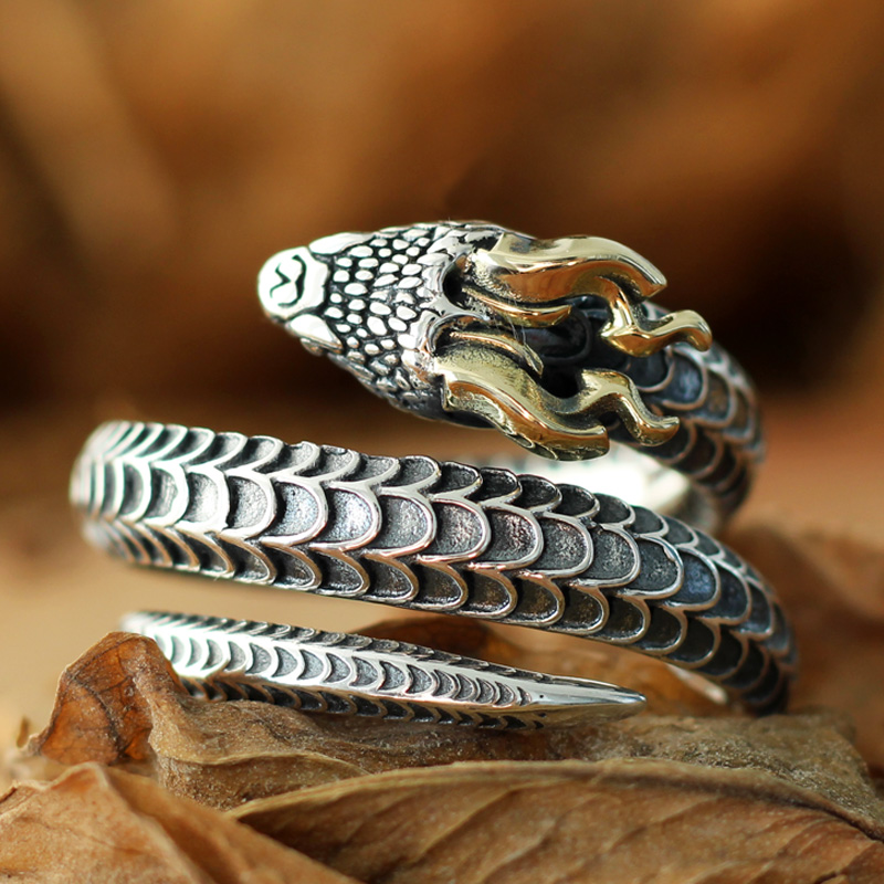 纯银蛇戒指像龙带角的蛇指环活口多圈指环可调节复古民族风格生肖