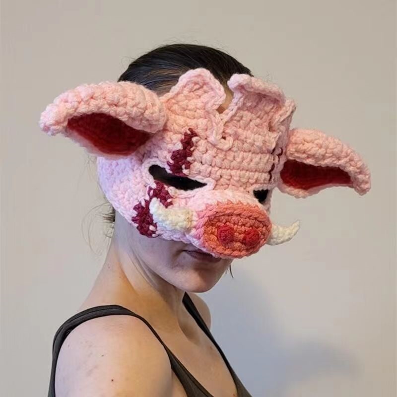 万圣节cos恐怖派对道具成人卡通猪头针织半脸面具可爱粉 猪头面罩