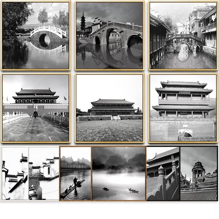 中式古建筑江南水乡老照片黑白摄影北京故宫客厅酒店现代晶瓷挂画