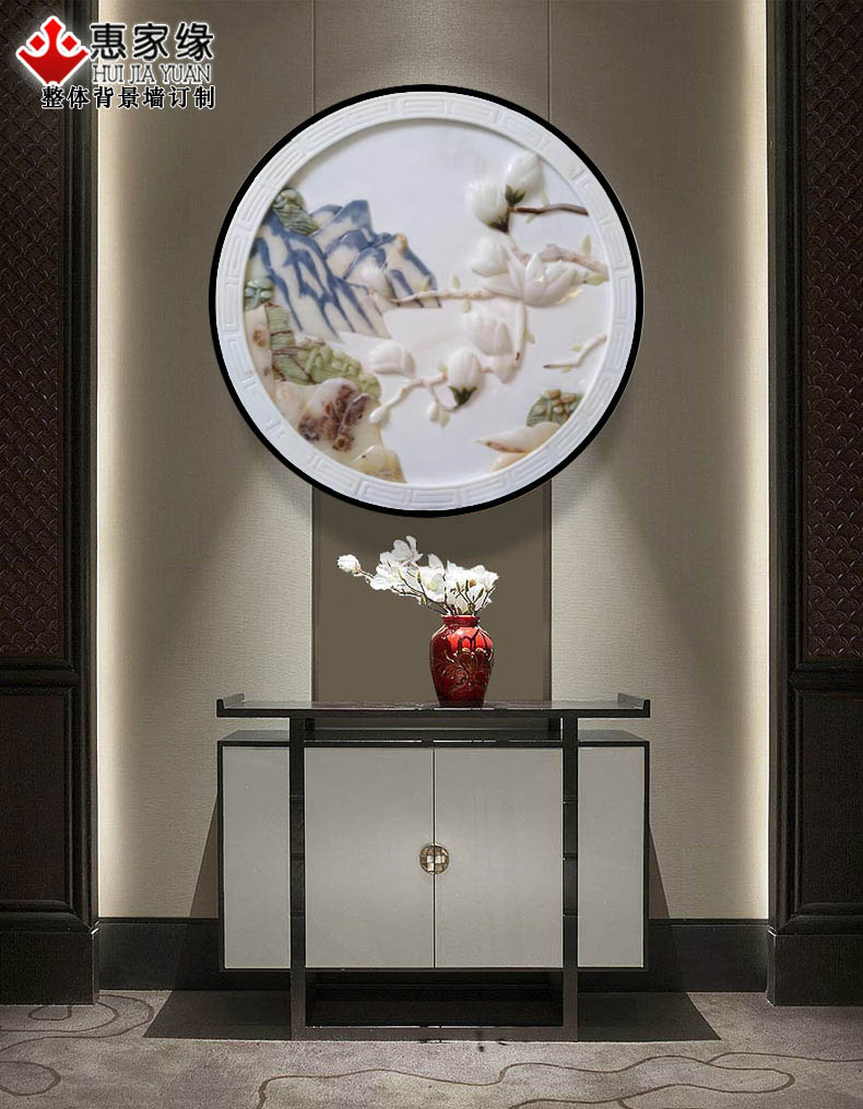 新中式浮雕电视背景墙客餐厅玄关过道沙发天然玉石大理石 玉兰花1