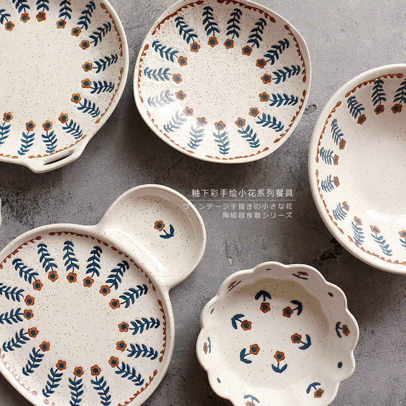 小花盘丨日式复古釉下彩手绘陶瓷双耳盘子米饭沙拉花边深碗饺子盘