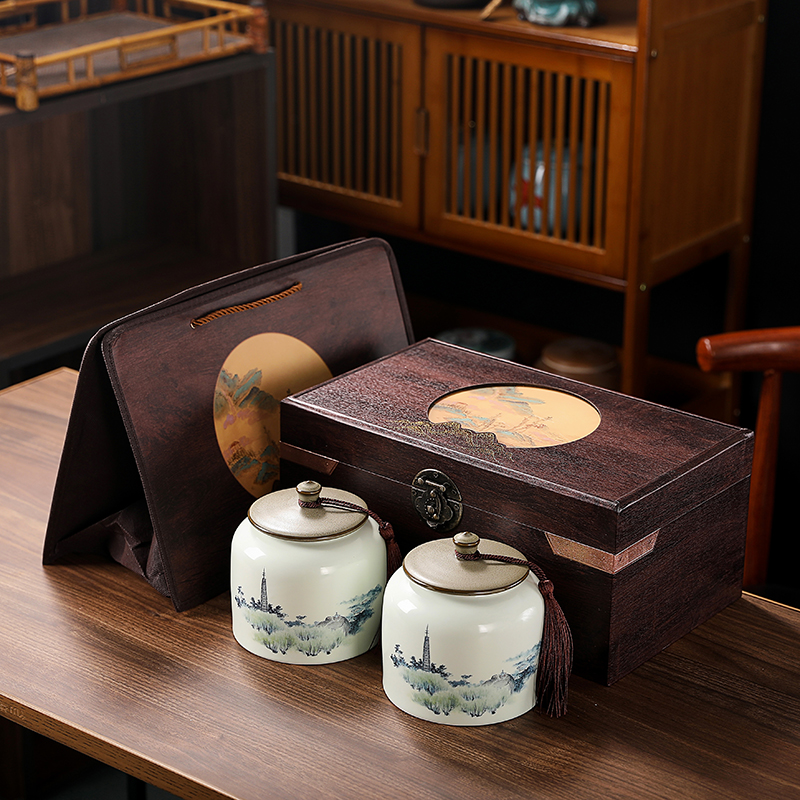 复古木盒陶瓷茶叶礼盒藤编布包空茶盒通用普洱古树茶红茶绿茶定制