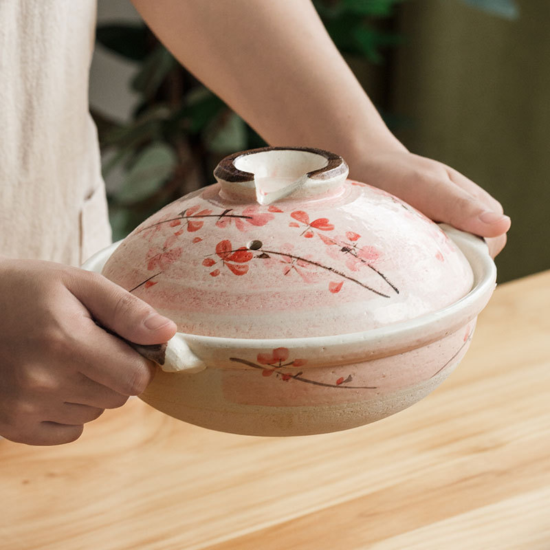 万古烧日本原装进口砂锅家用煲汤炖锅手绘日式樱花纹明火耐热土锅