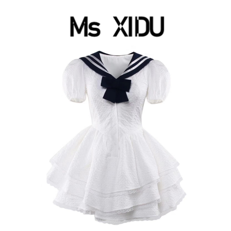 Ms XIDU 在逃公主海军领学院风小个子裙摆三层蕾丝花边甜美蓬蓬裙