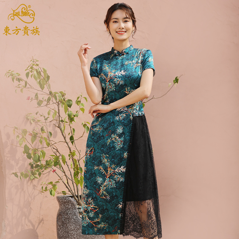 东方贵族中国风旗袍改良版连衣裙中长款真丝印花妈妈中年款裙子