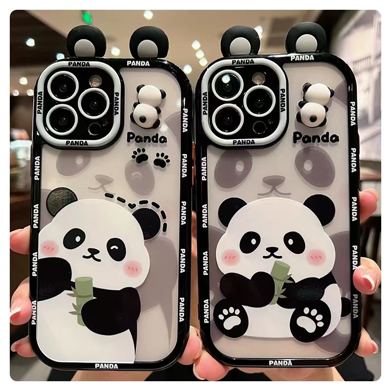 立体熊猫青蛙耳朵公仔适用iphone15手机壳14promax苹果13透明软壳卡通x/xr趣味