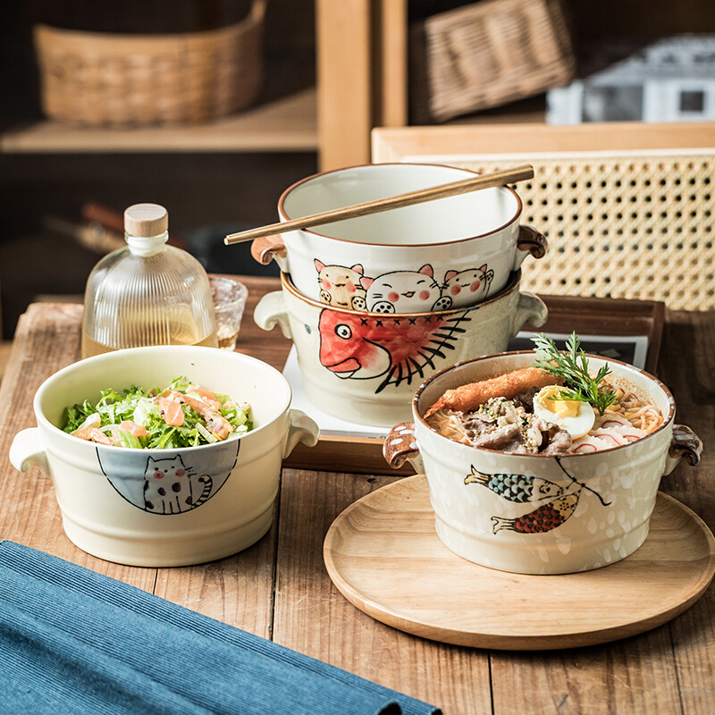 潮州餐具日式手绘双耳汤碗创意大容量拉面碗泡面碗馄饨面碗饺子碗