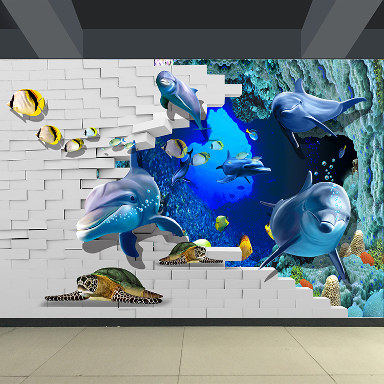 海底动物世界3d墙画高清油画布定制儿童游泳馆海豚3d壁画3d装饰画