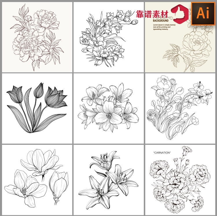 黑白简约线条白描素描矢量花朵鲜花植物花枝设计素材