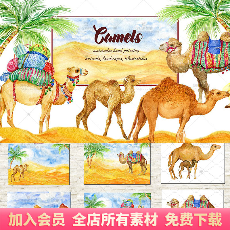 手绘水彩沙漠中的骆驼椰树风景插画PNG免抠卡片海报装饰设计素材