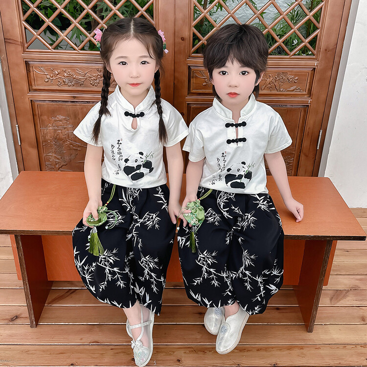儿童改良款熊猫汉服兄弟姐妹装幼儿园毕业照班服小学生六一表演服