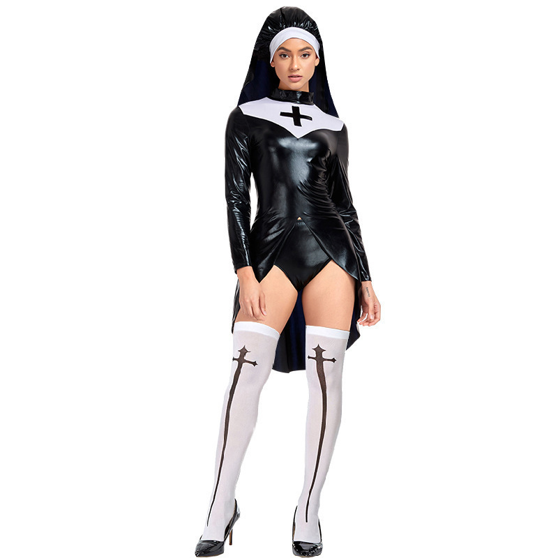 PU皮朋克修女装Nun costume COS服皮质修女服制服万圣节服装