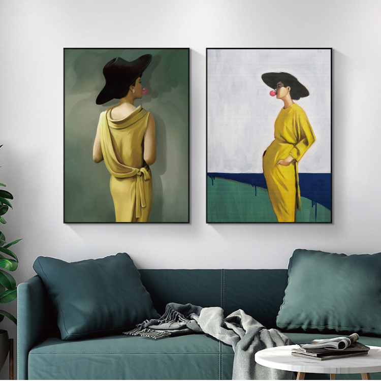 戴帽子女人现代抽象油画人物装饰画客厅卧室床头挂画酒店玄关壁画