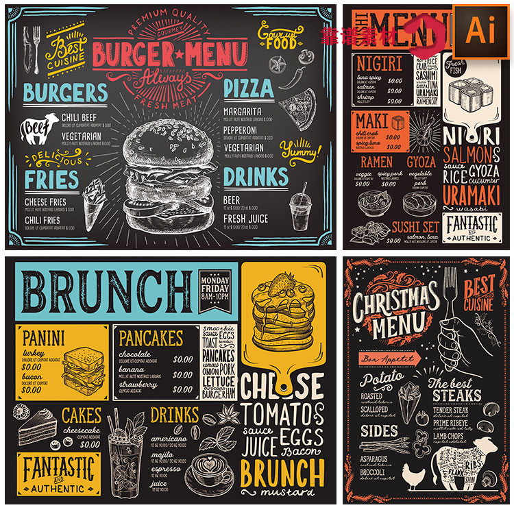 素描线描海鲜快餐汉堡披萨饮料寿司手绘菜单海报矢量设计素材