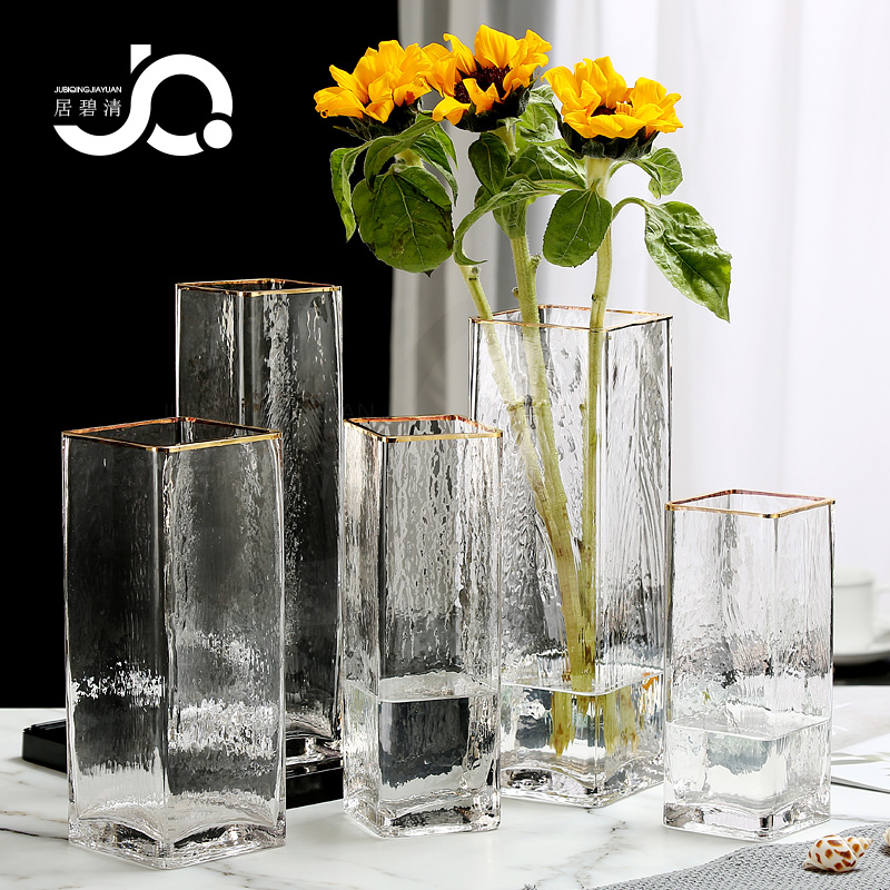 欧式轻奢描金玻璃花瓶透明方口创意水培植物鲜花家用桌面摆件简约