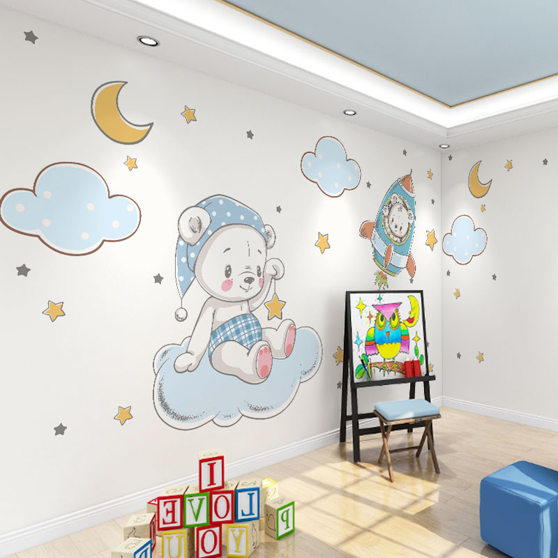 墙纸定制3d立体卡通小熊儿童房壁布背景墙壁纸男女孩卧室墙布壁画