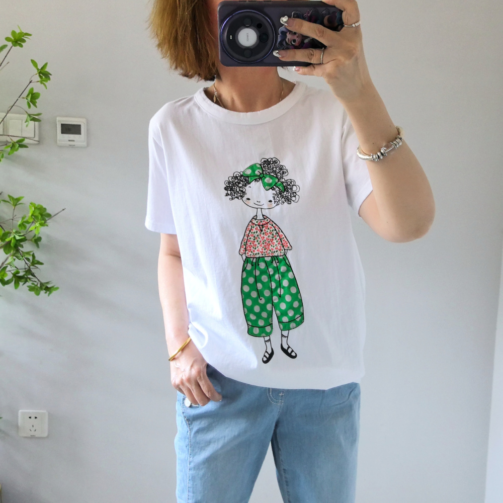 韩国东大门进口ricco2024夏季新款卡通小女孩图案贴布刺绣短袖T恤