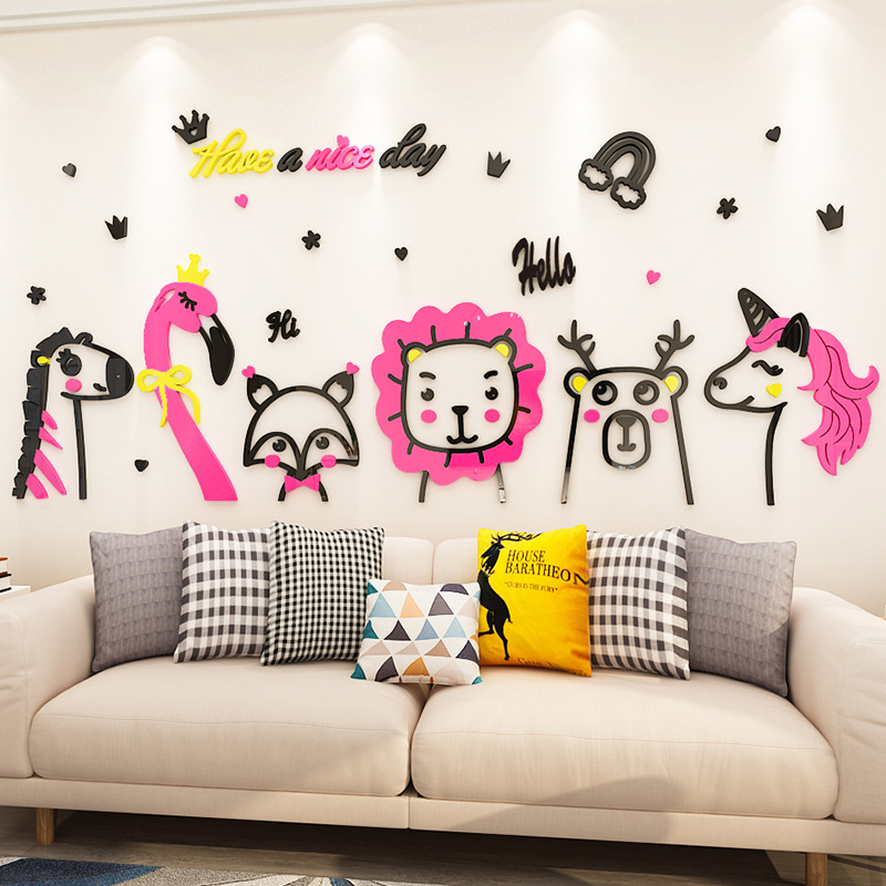 ins可爱动物简笔画亚克力3d立体墙贴客厅儿童房幼儿园布置墙贴画