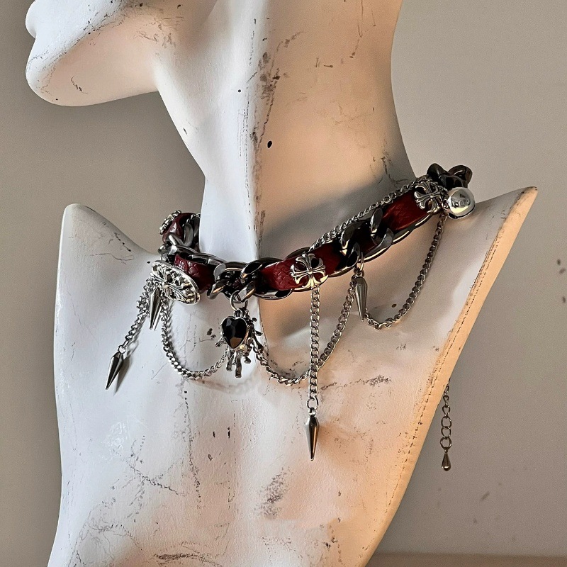 红色皮绳choker缠绕铆钉重工项圈暗黑甜酷小众设计颈链手链亚文化