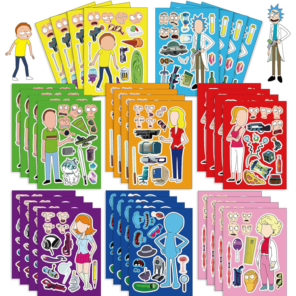8张瑞克和莫蒂人物拼图换脸贴纸卡通动画角色装扮儿童DIY益智贴画