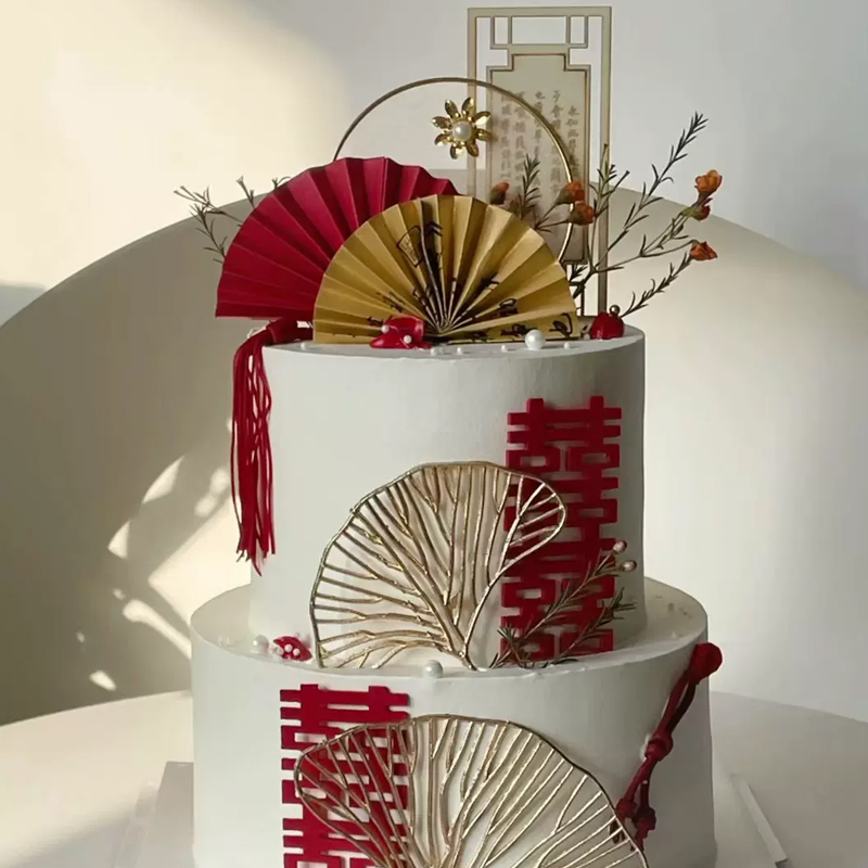 新中式结婚蛋糕摆件木质屏风文字结婚订婚金色银杏叶蛋糕装饰插件