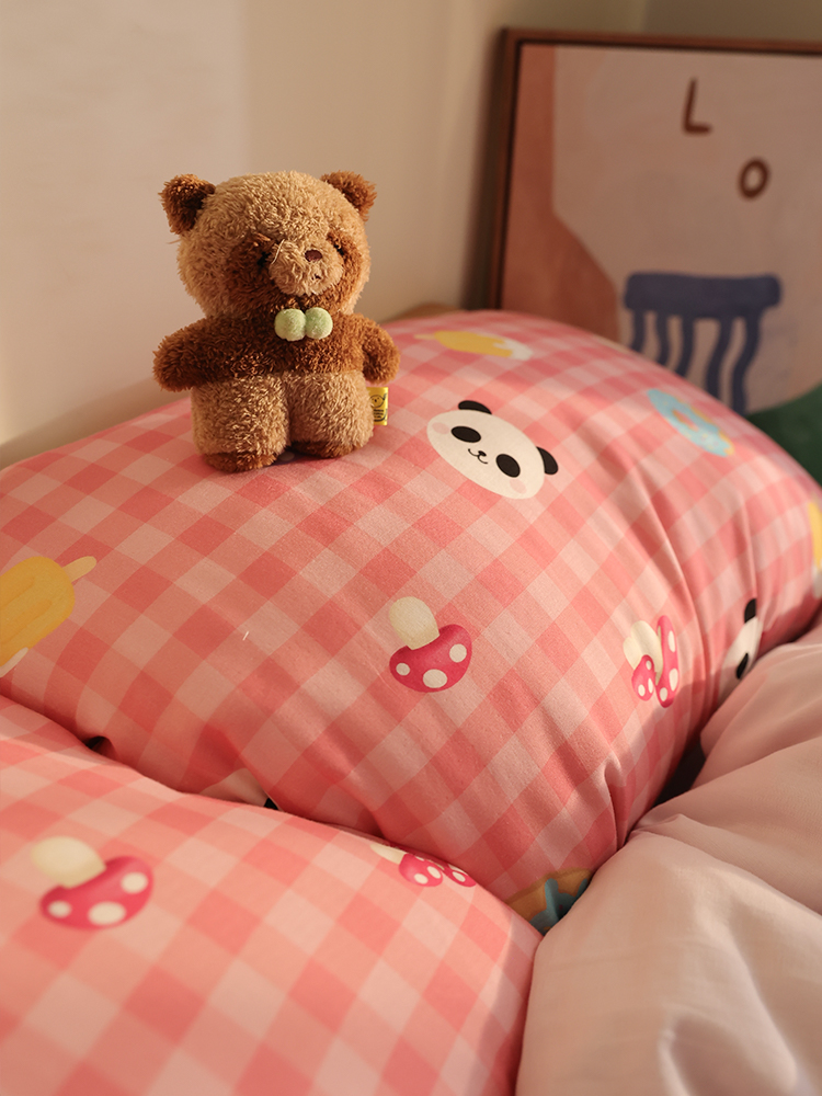 粉格奶盖熊丨纯棉双层纱原创小熊猫可爱插画床单被套床笠卧室套件