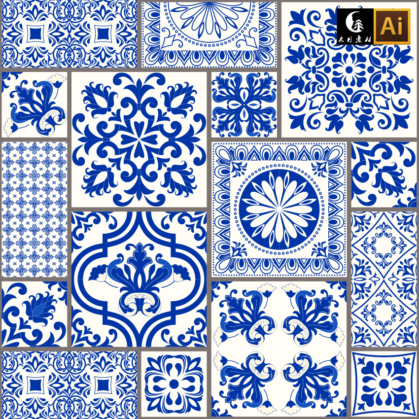 抽象几何传统青花瓷摩洛哥马赛克瓷砖印花图案矢量图片设计素材
