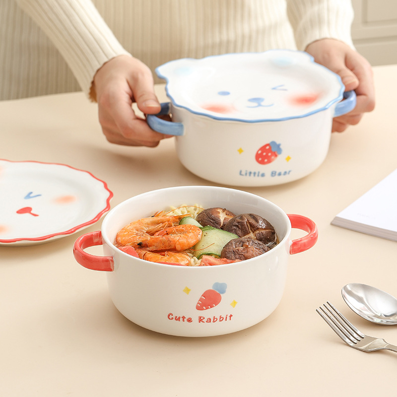 日韩卡通动物兔熊泡面碗大号可爱双耳带盖男女学生宿舍家用饭菜碗