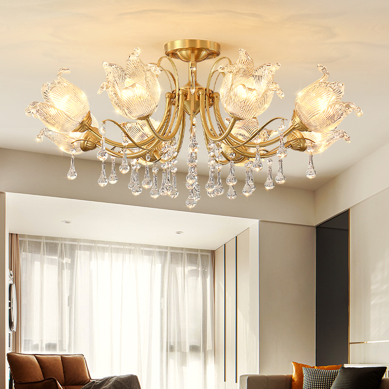 全铜客厅吊灯水晶灯法式轻奢卧室灯顶灯美式复古新款欧式楼梯灯具