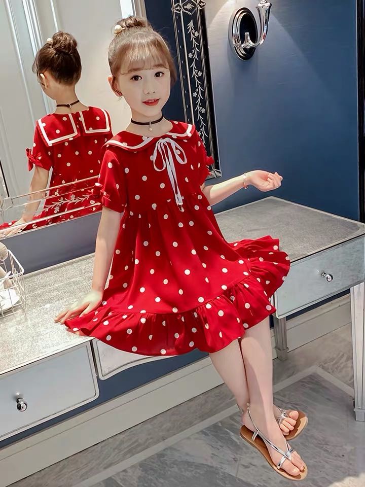 女童夏装2020年夏季新款潮连衣裙女大童短袖韩版洋气波点雪纺裙子