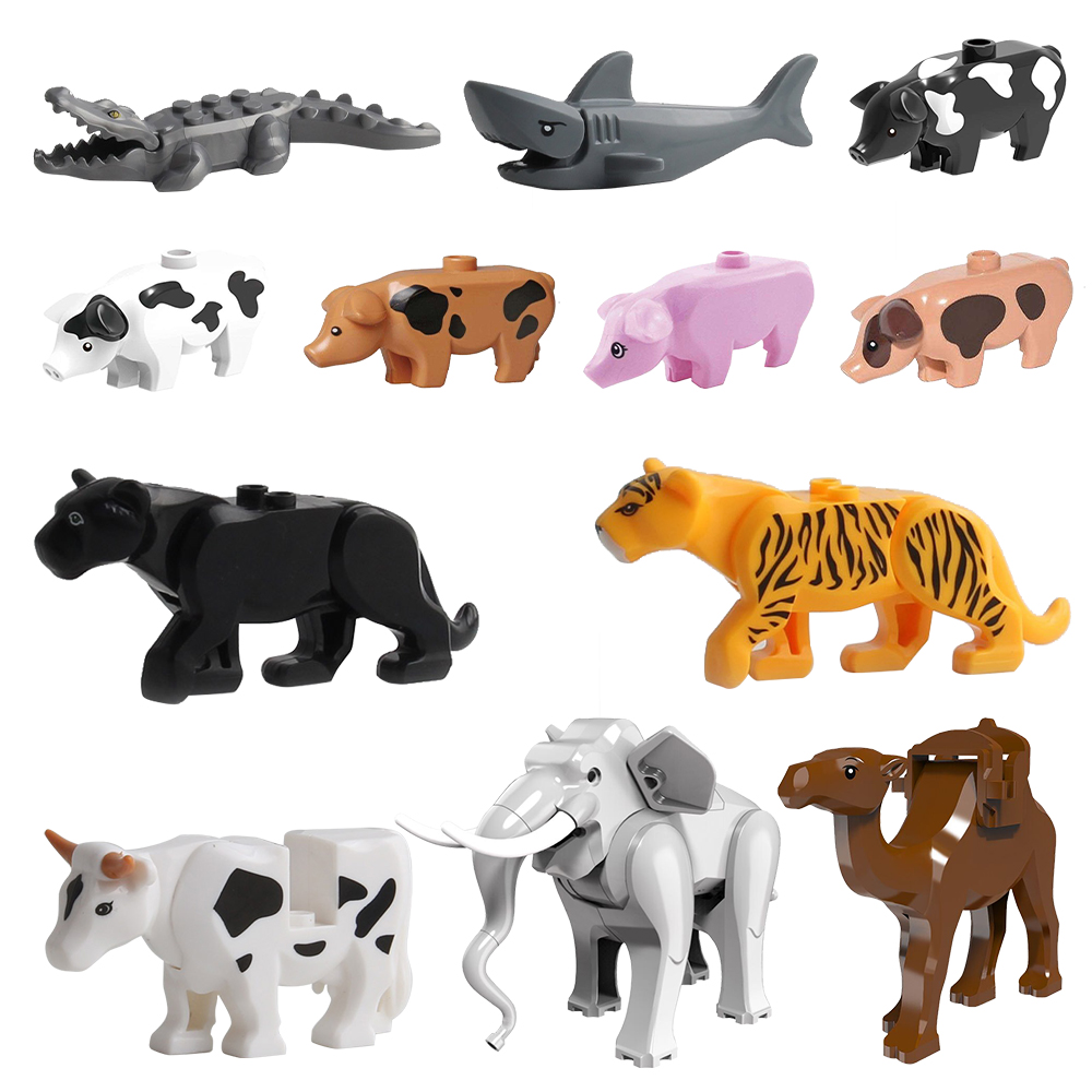 兼容乐高可爱卡通系列动物园鲨鱼大象小猪奶牛骆驼拼插积木小玩具
