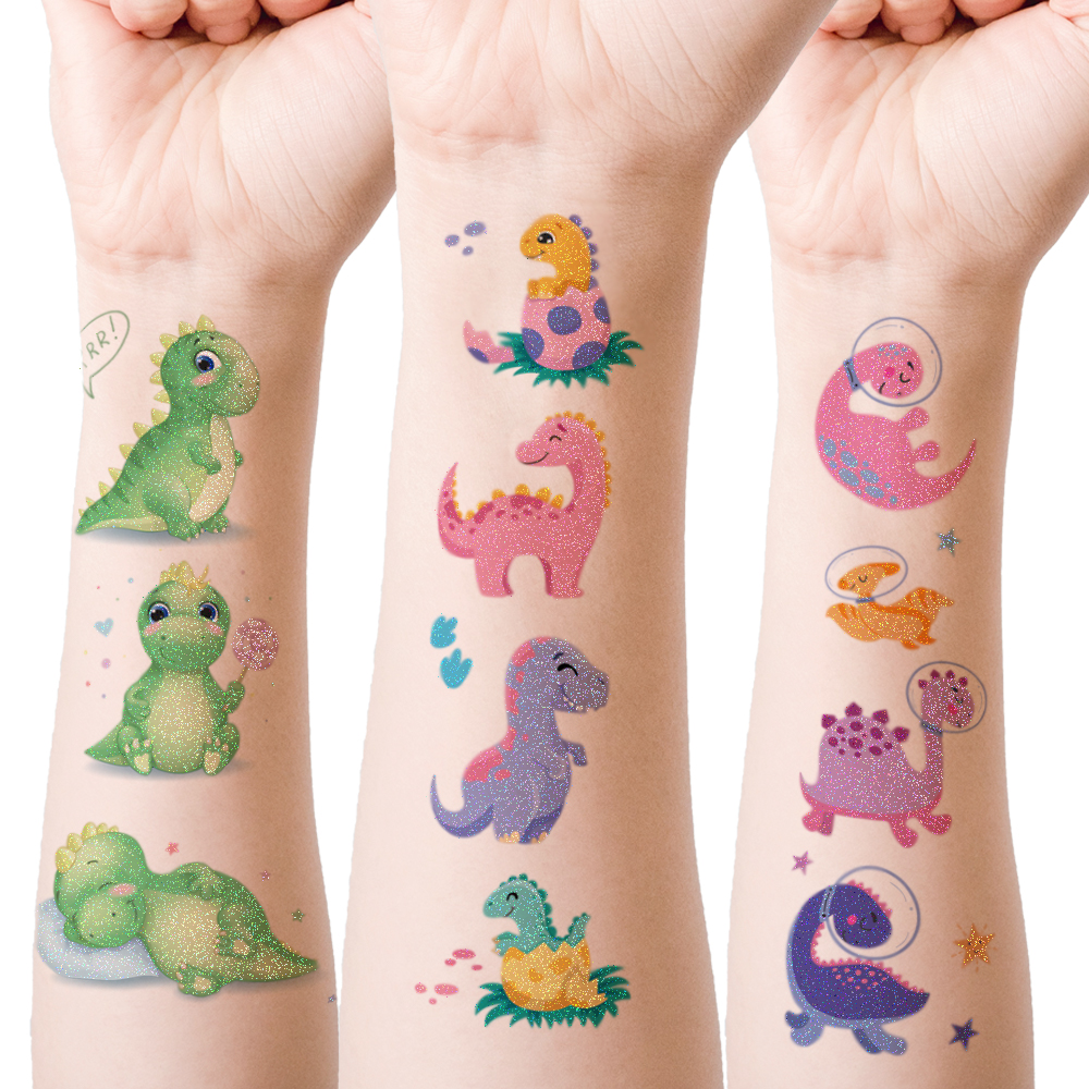 闪粉恐龙纹身贴纸可爱卡通儿童节日礼物奖励个性男孩女孩仙人掌