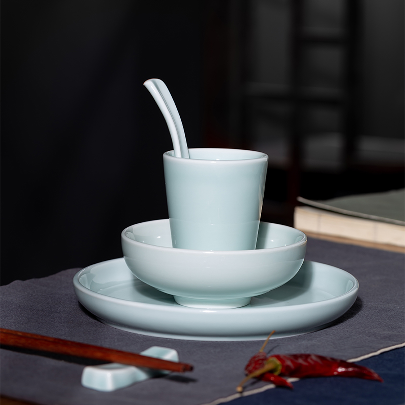 新中式影青陶瓷餐具三件套碗碟勺摆台酒店商用简约风格定制印logo