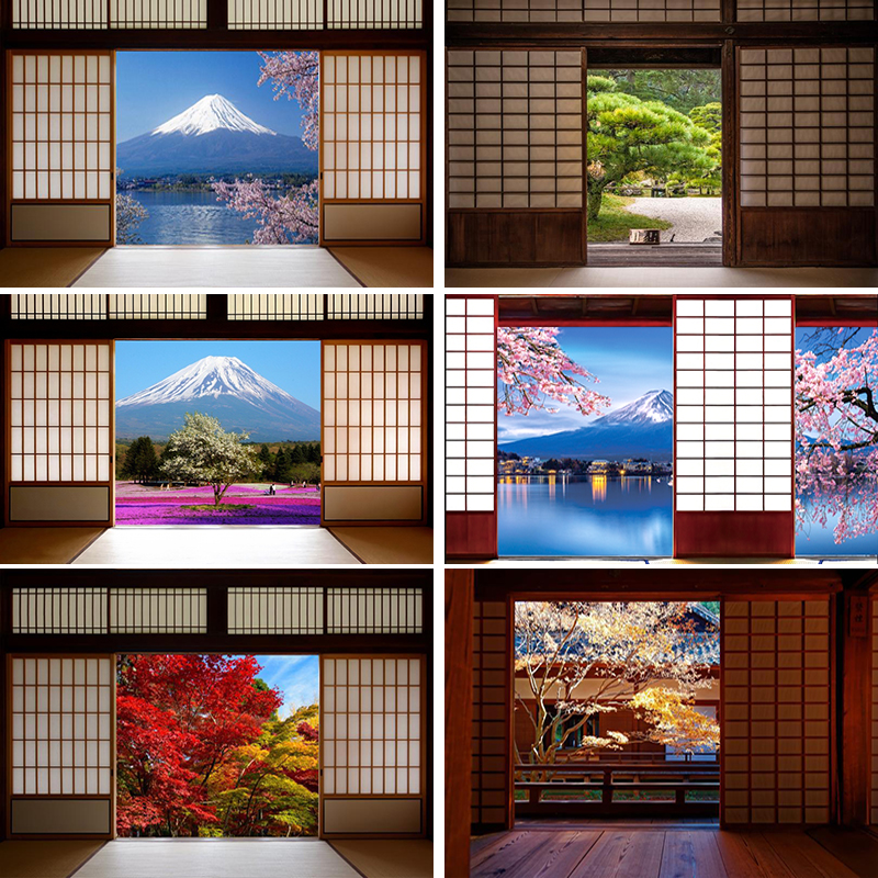 3D空间延伸墙纸仿窗户壁画日本料理寿司火锅店樱花富士山日式壁纸