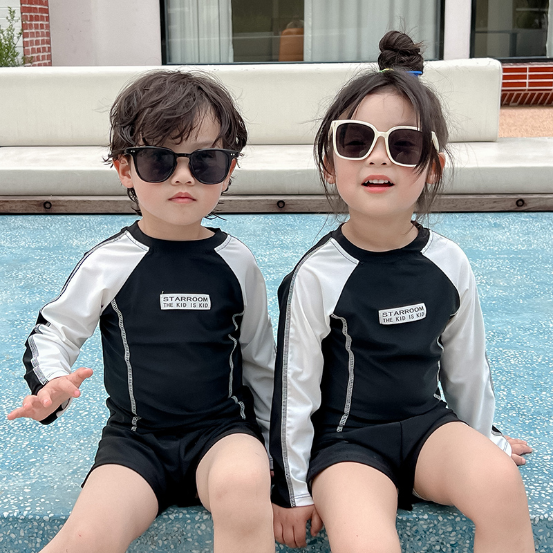 韩国儿童泳衣男童女童分体长袖防晒游泳衣女孩洋气中小童宝宝泳装