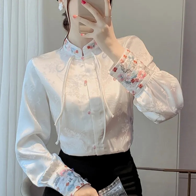 新中式国风白色刺绣复古衬衫女2024春季新款禅意盘扣唐装汉服上衣