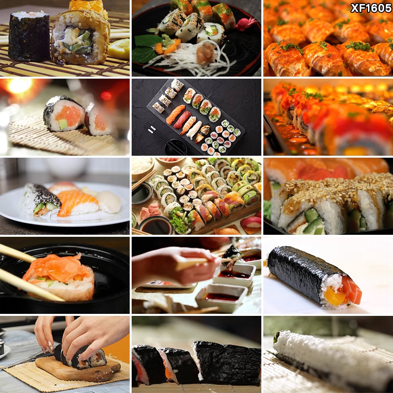 日本料理日式刺身三文鱼寿司卷美食特写料理店生鱼片实拍视频素材