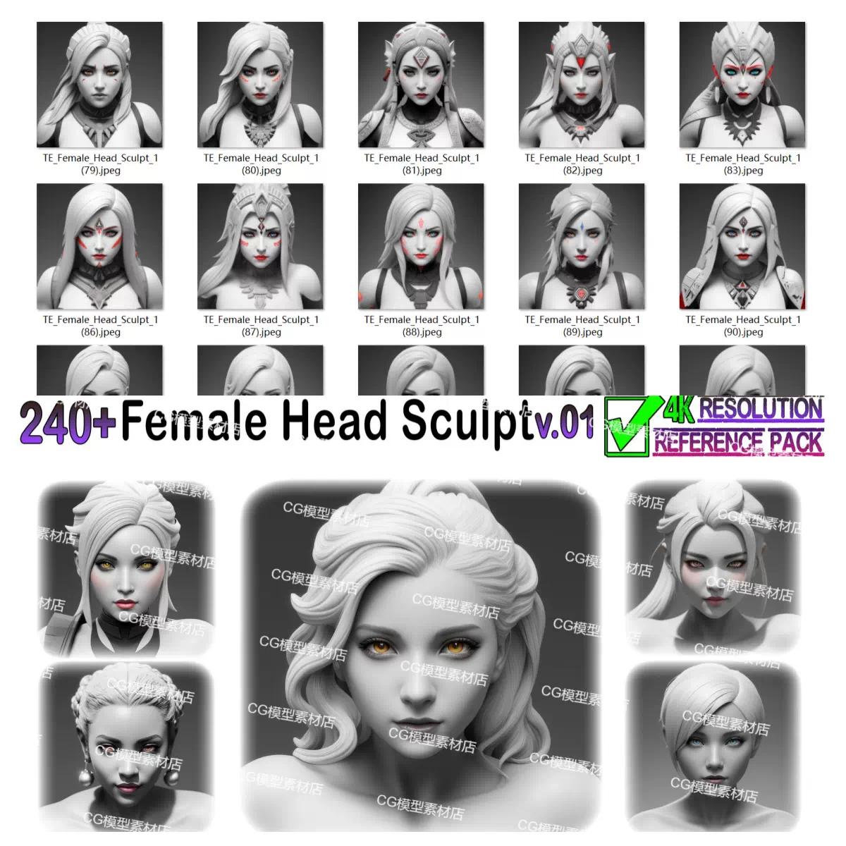 240张欧洲亚洲女性头部肖像雕塑造型cg角色建模绘画参考图4k素材