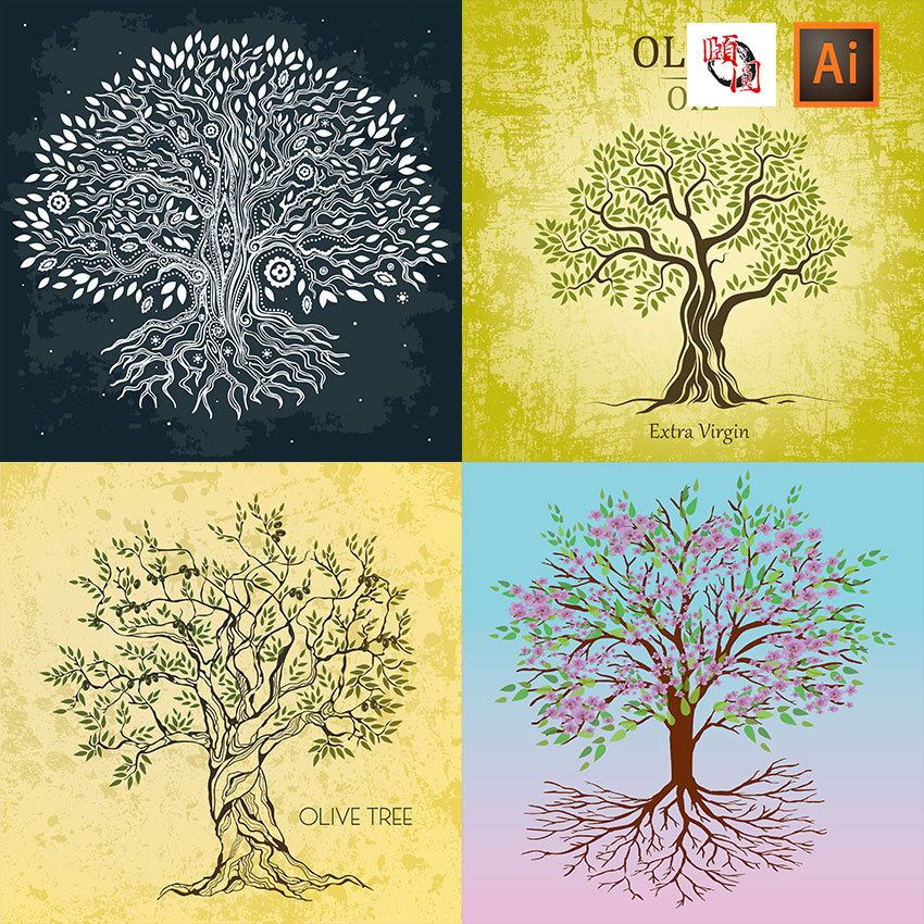 复古大树树林树枝树木插画装饰画AI矢量设计素材