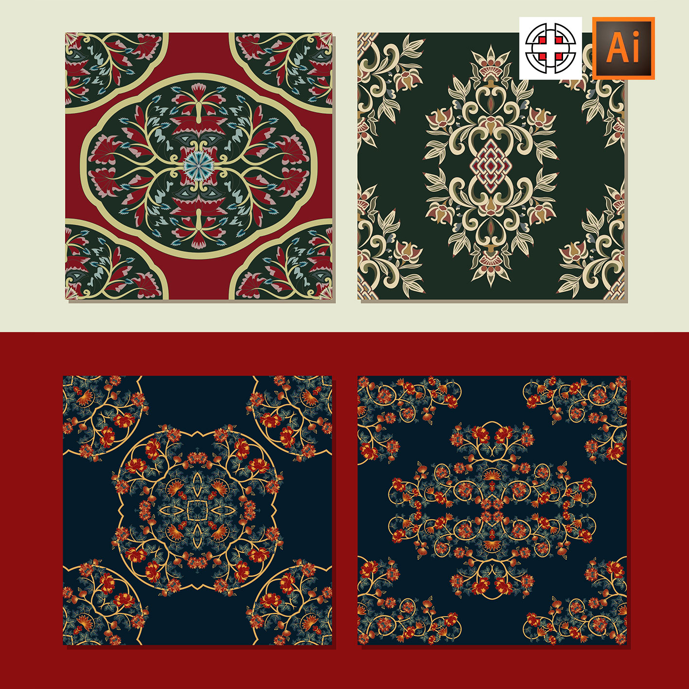 波西米亚欧式重复花纹印花图案地毯AI矢量设计素材
