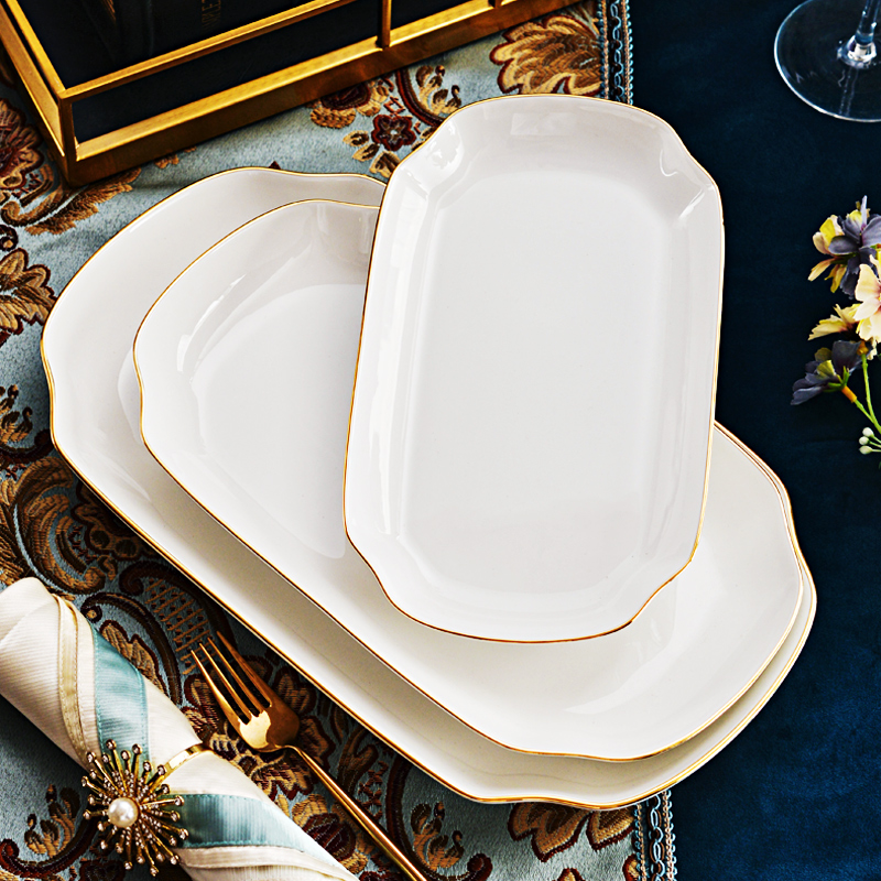 唐山金边餐具12英寸深盘子凉菜盘子长方形装鱼盘子家用白色大盘子