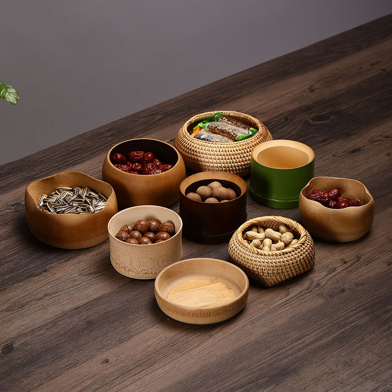 竹制点心盒茶点盘家用干果瓜子盘创意零食盘藤编客厅中式茶道水果