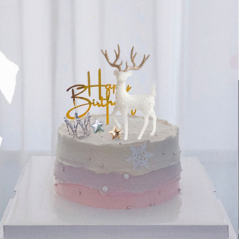 网红烘焙蛋糕装饰唯美闪粉水晶鹿摆件女神生日派对雪花片羽毛插件