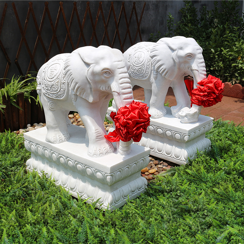 石雕大象一对门口摆件天然汉白玉别墅家用庭院装饰石象风水象