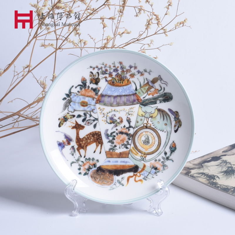 上海博物馆瓷盘书房摆件13.5cm 客厅青花瓷广彩福禄纹盘创意瓷盘