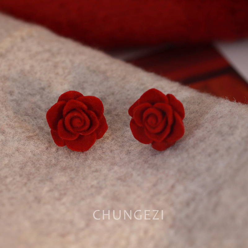 爆款优雅红色玫瑰花朵可爱耳夹女无耳洞唯美纯银耳钉2023年新款潮