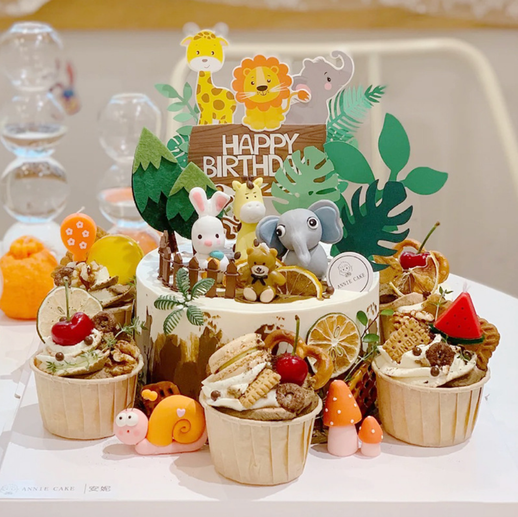 森林动物生日蛋糕装饰摆件可爱卡通大象小猪兔子长颈鹿派对甜品台