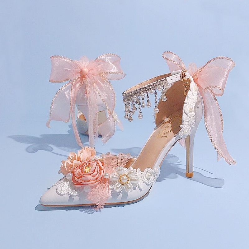 珍珠水钻一字式腕带甜美花嫁新娘女高跟鞋粉色蝴蝶结花朵伴娘婚鞋