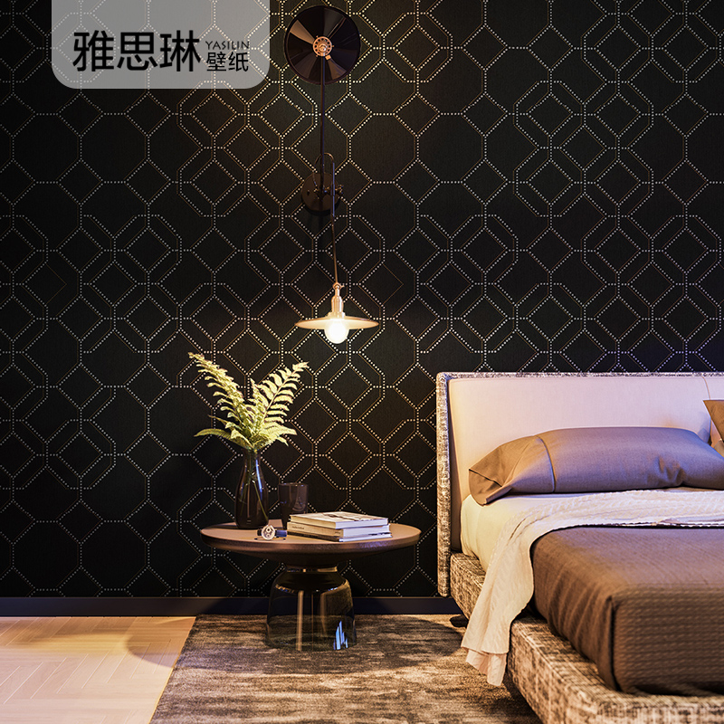 现代简约北欧黑色灰色无纺布网格方块格子墙纸客厅卧室壁纸高级感