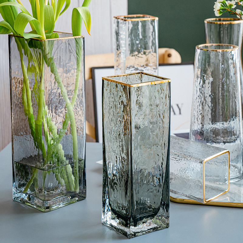 欧式轻奢描金玻璃花瓶透明方口创意水培植物鲜花插花瓶家用摆件